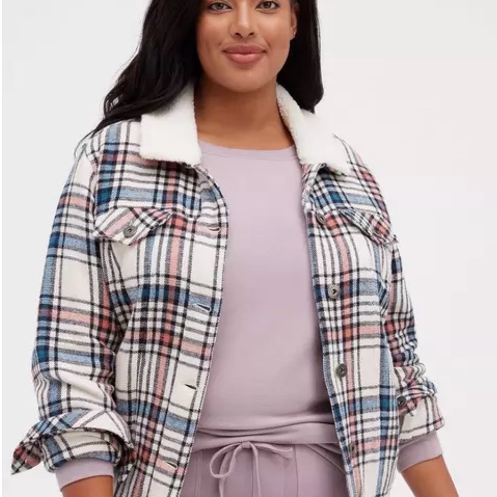Torrid Plaid Sherpa-Trim Jacket - White/Pink/Blue - Size 2